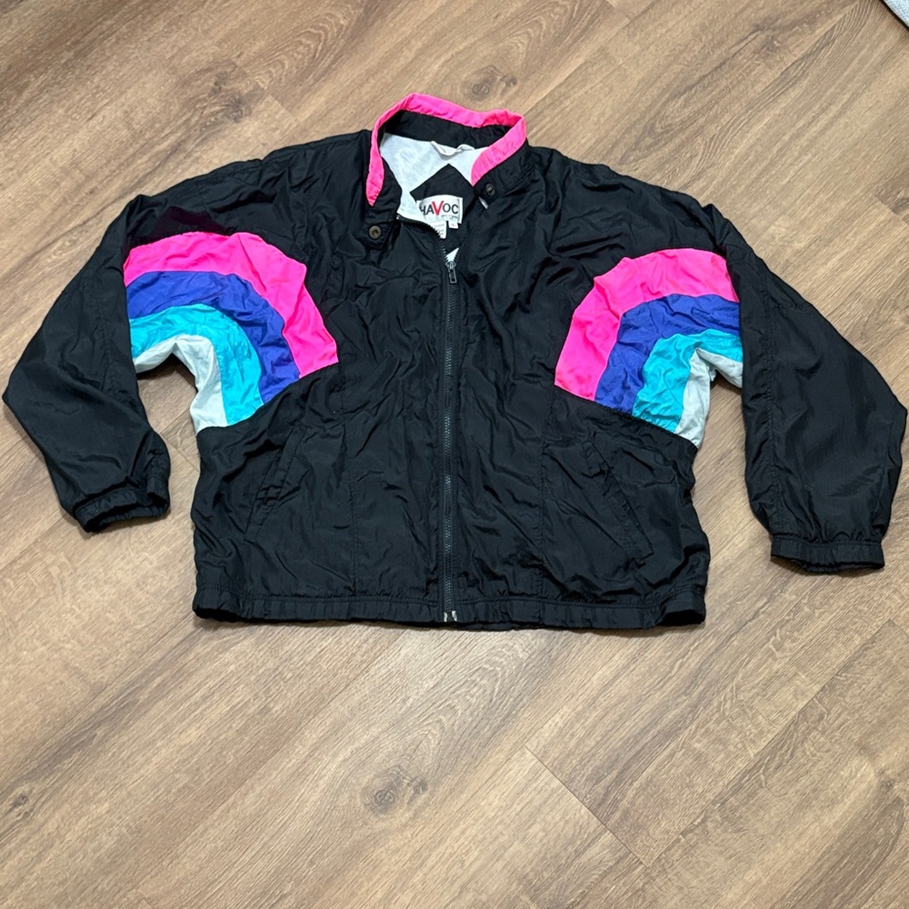 Vintage 80/90s Black Windbreaker Jacket with Neon Pink Blue Purple Accents Large
